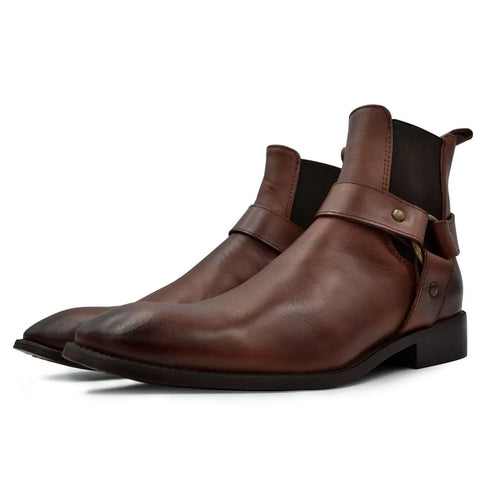 Bota Chelsea Café En Piel Para Hombre Con Arnés