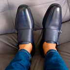 Zapato De Vestir Azul doble hebilla para Hombre 100% Fina Piel Monkstrap
