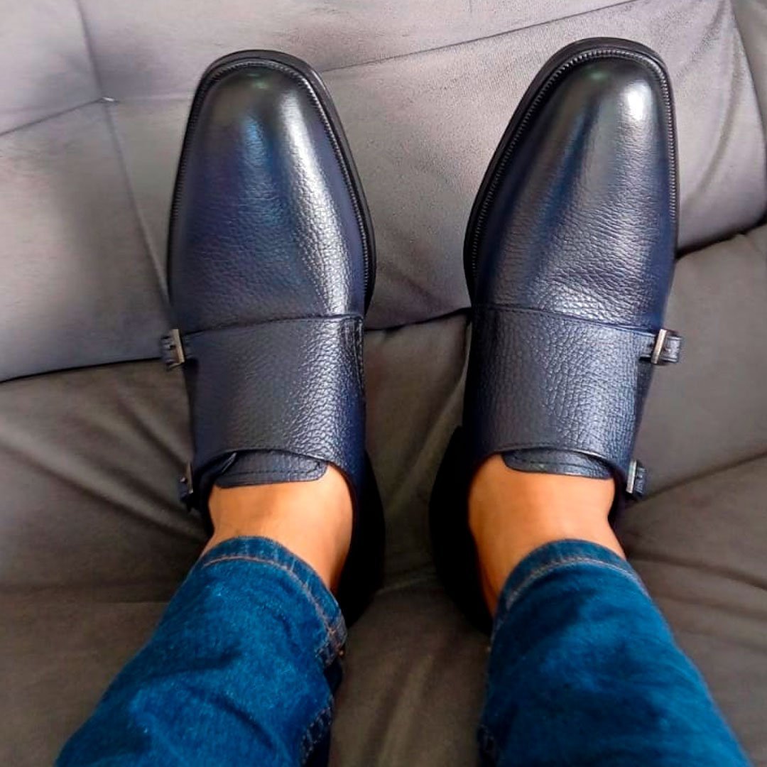 Zapato De Vestir Azul doble hebilla para Hombre 100% Fina Piel Monkstrap
